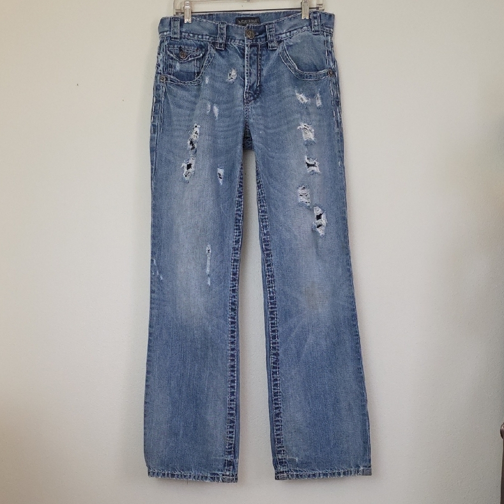 MEK DNM Distressed Faded Stained Flare Blue Button Jeans Read Size Below 33 X 32